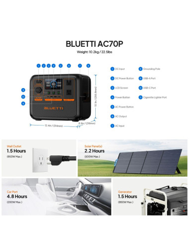 BLUETTI AC70P Portable Power Station | 1000W 864Wh