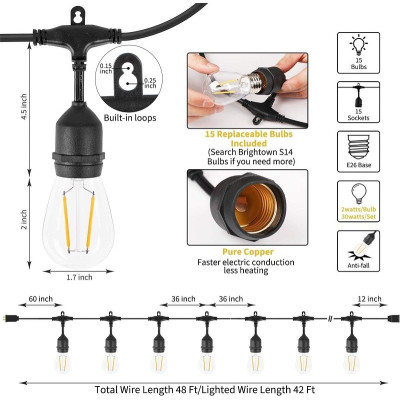 S14 2W Electric String Lights 15Bulb 15meters Warm White 2200K